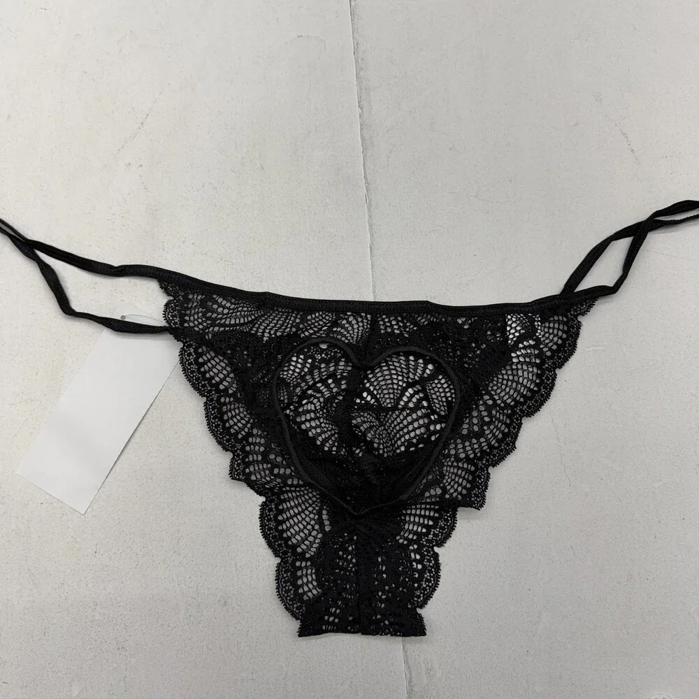 Candyman Thong Underwear Mens Medium Black Sheer Lace Heart Floral Stretch 99579
